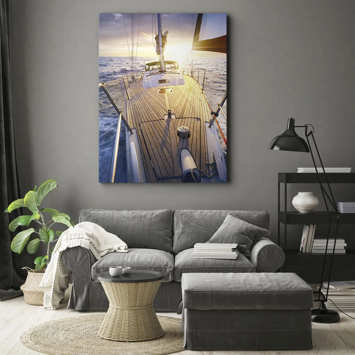 Bild auf Leinwand - Leinwandbild - Yacht auf See bei Sonnenuntergang - 80x120cm - Laufen unter den Wellen - Moderne Wanddekoration für Wohnzimmer und Schlafzimmer ARTTOR