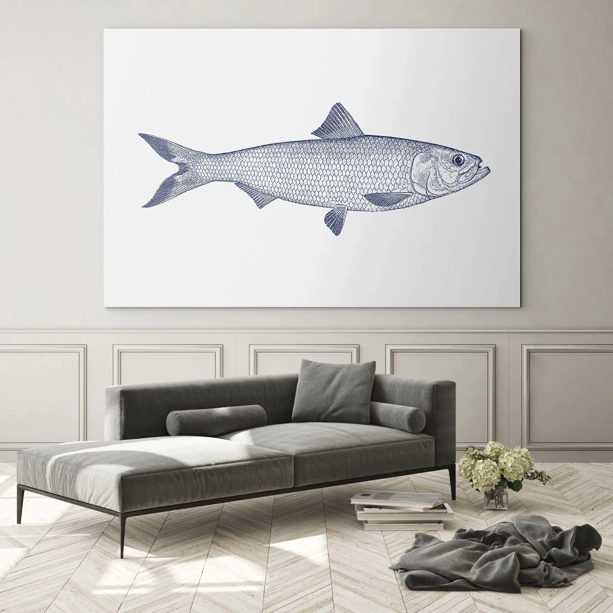 Glasbild - Bild auf glas - Fischskizze im Vintage-Stil auf hellem Hintergrund - 100x70cm - Grüße aus den nördlichen Meeren - Moderne Wanddekoration für Wohnzimmer und Schlafzimmer ARTTOR