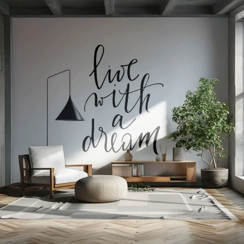 Fototapete Standard Eco - Das Zitat „Lebe mit einem Traum“ in eleganter schwarzer Schrift - 100x70cm - Na sicher - Moderne Wanddekoration für Wohnzimmer und Schlafzimmer ARTTOR