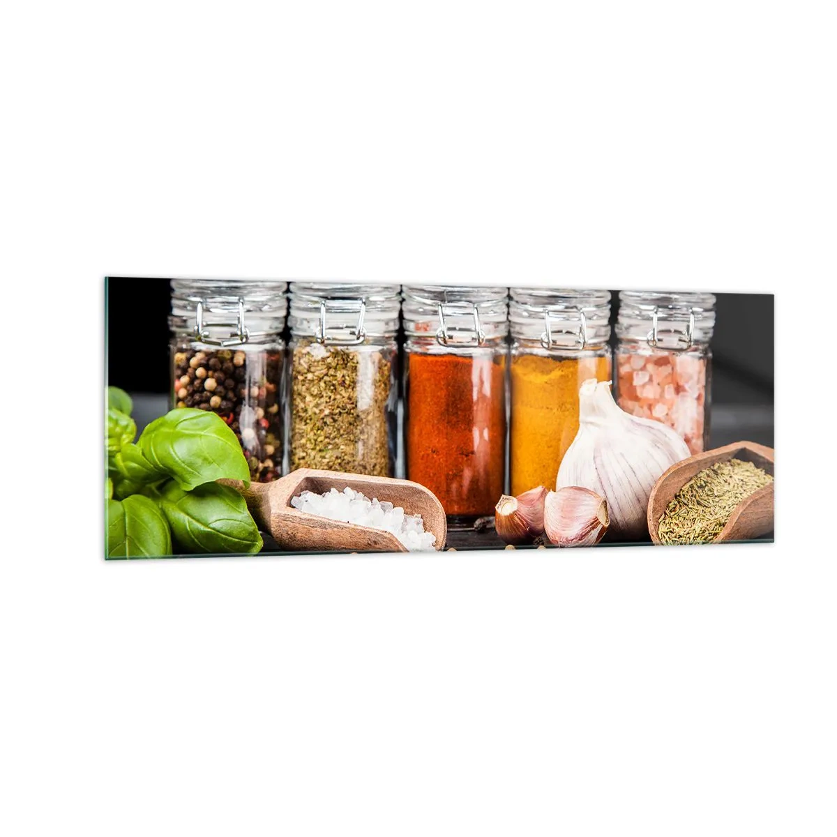 Glasbild - Bild auf glas - Kräuter und Gewürze in Gläsern auf dunklem Hintergrund - 140x50cm - Für einen Geschmack des Lebens - Moderne Wanddekoration für Wohnzimmer und Schlafzimmer ARTTOR