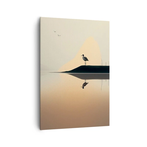 Bild auf Leinwand - Leinwandbild - Ein Vogel auf einer Insel in einem ruhigen See mit warmen Farbtönen - 70x100cm - Herr am See - Moderne Wanddekoration für Wohnzimmer und Schlafzimmer ARTTOR