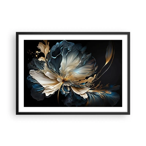 Poster in einem schwarzem Rahmen - Eine Blume in Gold- und Marineblautönen auf schwarzem Hintergrund - 70x50cm - Märchenhafte Farnblume - Moderne Wanddekoration für Wohnzimmer und Schlafzimmer ARTTOR
