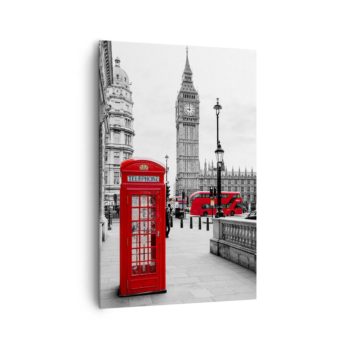Bild auf Leinwand - Leinwandbild - Eine rote Telefonzelle mit Big Ben im Hintergrund in London - 80x120cm - London, ohne Zweifel - Moderne Wanddekoration für Wohnzimmer und Schlafzimmer ARTTOR