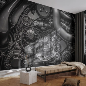 Fototapete Premium Canvas - Schwarz-Weiß-Nahaufnahme der mechanischen Details eines Automotors. - 100x70cm - Die Poesie der Mechanik - Moderne Wanddekoration für Wohnzimmer und Schlafzimmer ARTTOR