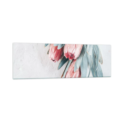 Glasbild - Bild auf glas - Dezente rosa Protea-Blüten auf hellem Hintergrund - 160x50cm - Schämen sich für ihre eigene Schönheit - Moderne Wanddekoration für Wohnzimmer und Schlafzimmer ARTTOR