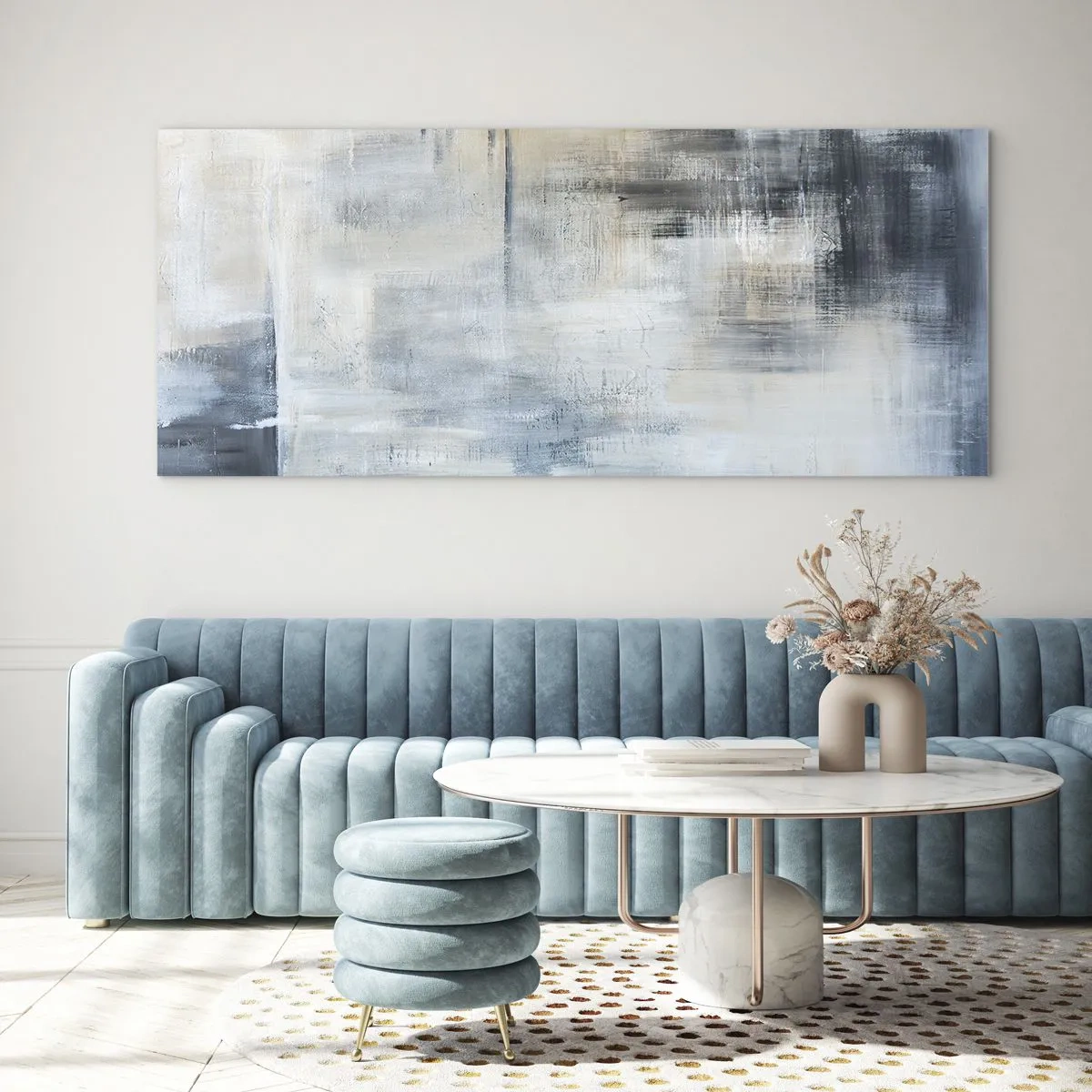 Glasbild - Bild auf glas - Abstrakte Komposition in Blau- und Grautönen - 160x50cm - Hinter dem blauen Vorhang - Moderne Wanddekoration für Wohnzimmer und Schlafzimmer ARTTOR