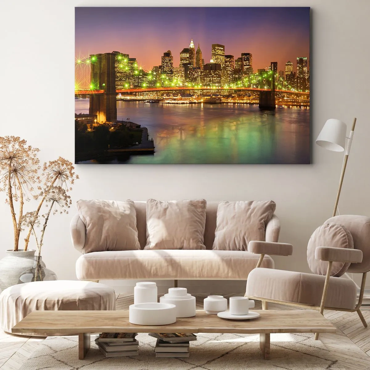 Bild auf Leinwand - Leinwandbild - Beleuchtete Brücke in einer modernen Stadt bei Nacht - 70x50cm - Hier geht das Licht nie aus - Moderne Wanddekoration für Wohnzimmer und Schlafzimmer ARTTOR