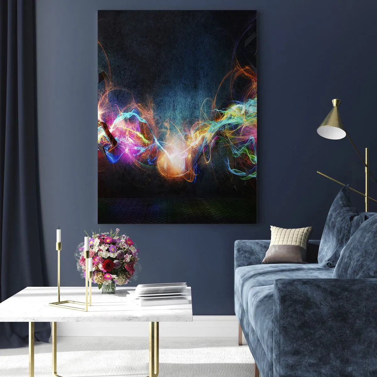 Glasbild - Bild auf glas - Abstrakte Lichter und farbenfrohe Energie im futuristischen Stil - 50x70cm - Freudig gegen die Dunkelheit - Moderne Wanddekoration für Wohnzimmer und Schlafzimmer ARTTOR