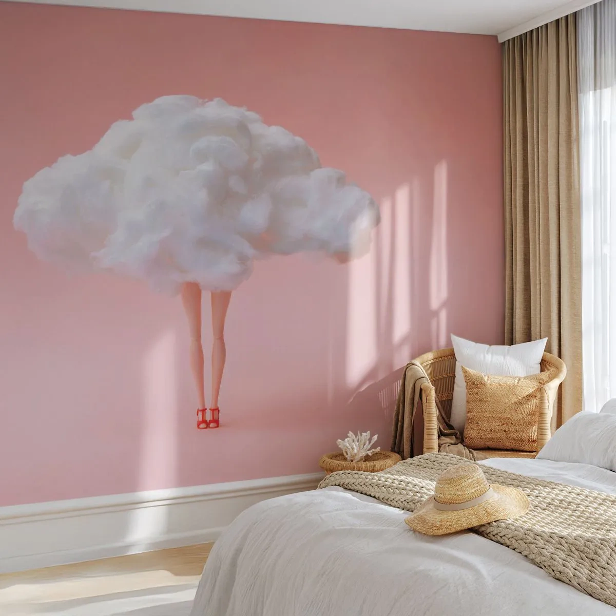 Fototapete Standard Eco - Eine surreale Komposition aus Beinen und einer Wolke auf rosa Hintergrund. - 100x70cm - Süßes Versprechen - Moderne Wanddekoration für Wohnzimmer und Schlafzimmer ARTTOR