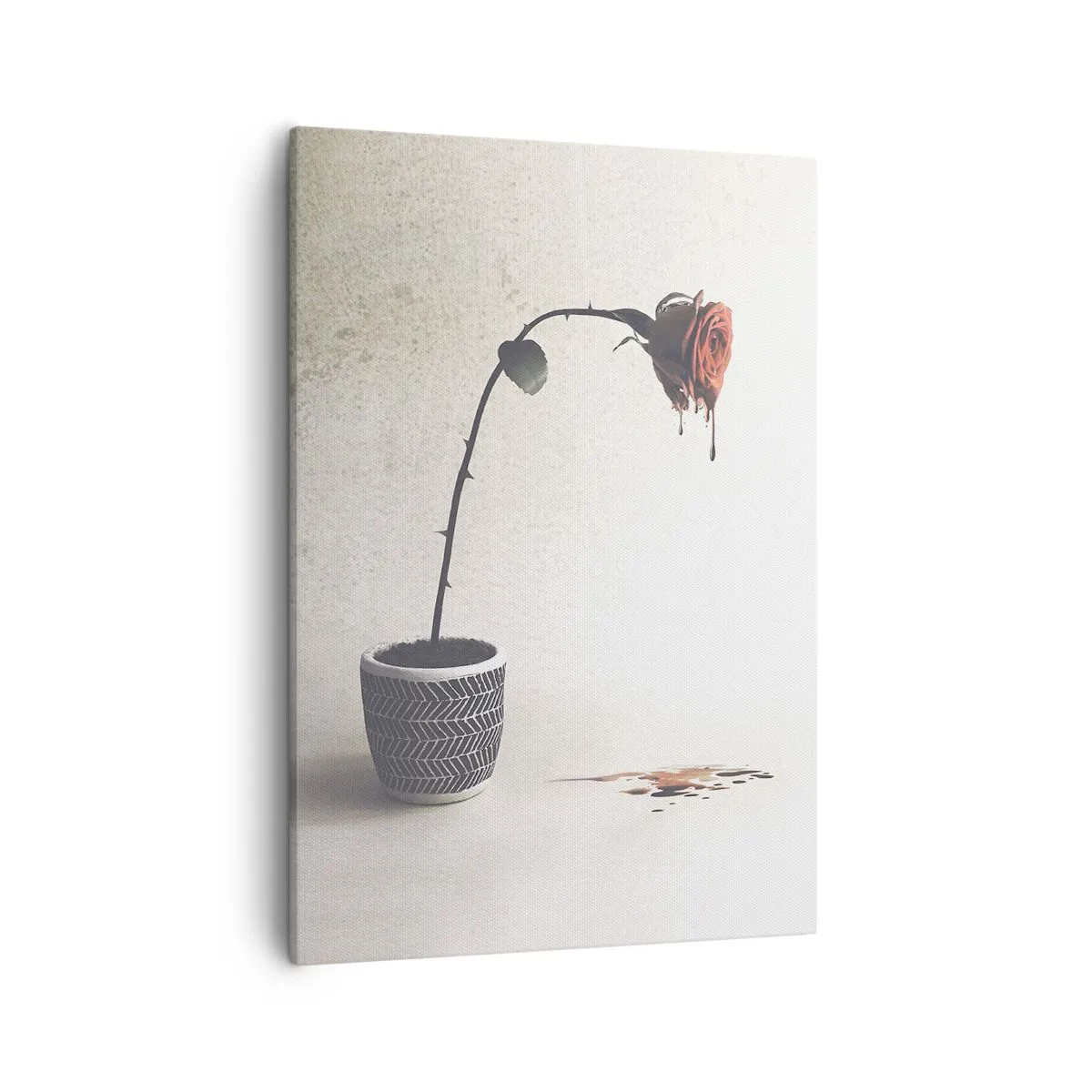 Bild auf Leinwand - Leinwandbild - Eine rote Rose in einem Topf mit Farbtropfen auf weißem Hintergrund - 50x70cm - Rosa dolorosa - Moderne Wanddekoration für Wohnzimmer und Schlafzimmer ARTTOR