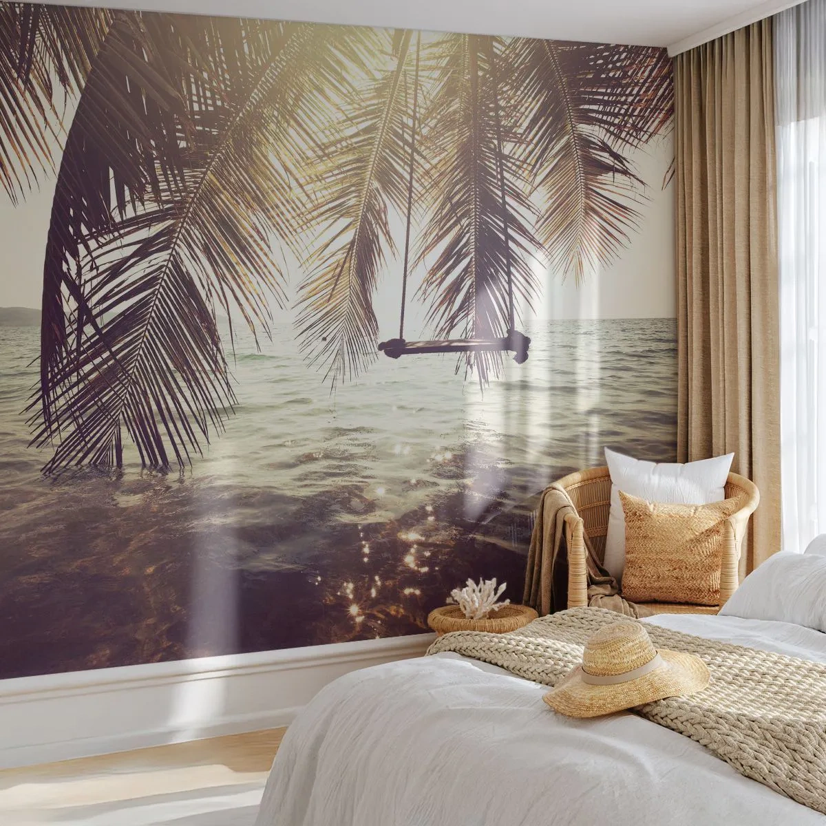 Fototapete Premium Sand - Sie können nach Belieben in den Wolken schwingen - Landschaft, Kokusnuss-Palme, Meer - 250x175 cm
