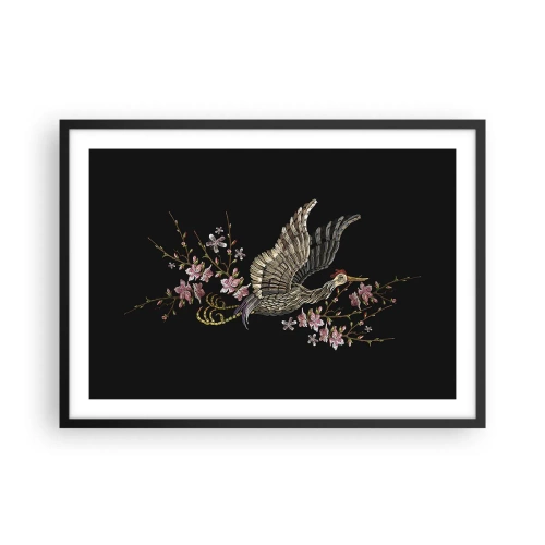 Poster in einem schwarzem Rahmen - Ein Vogel im Flug mit Blumen auf schwarzem Hintergrund - 70x50cm - Exotischer gestickter Vogel - Moderne Wanddekoration für Wohnzimmer und Schlafzimmer ARTTOR