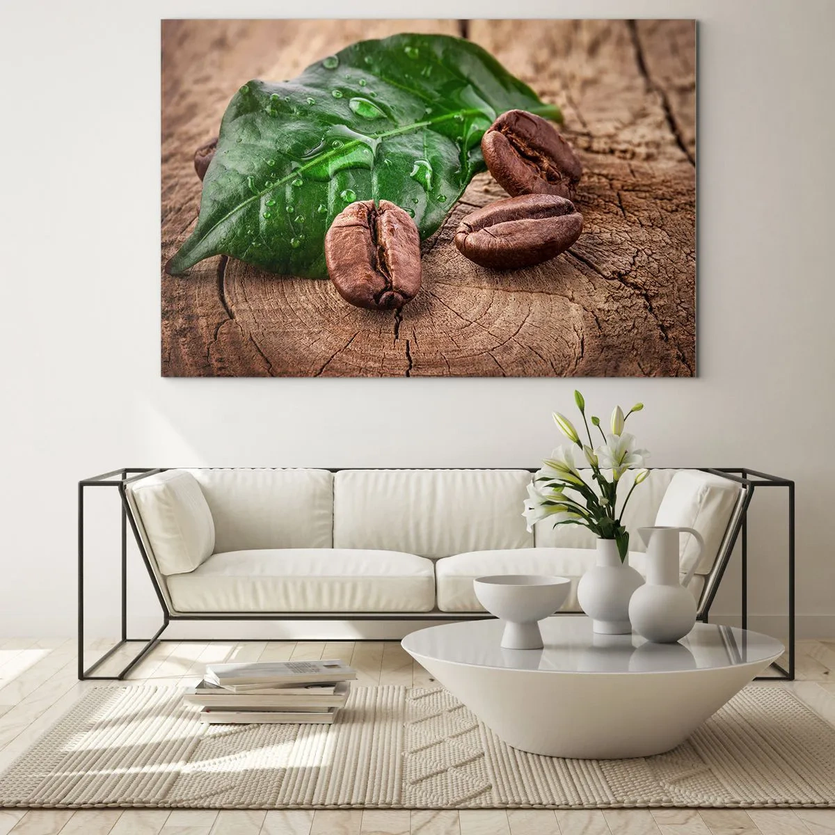 Glasbild - Bild auf glas - Kaffeebohnen auf einem Blatt und Holzhintergrund - 70x50cm - Der wahrste und schwarze - Moderne Wanddekoration für Wohnzimmer und Schlafzimmer ARTTOR