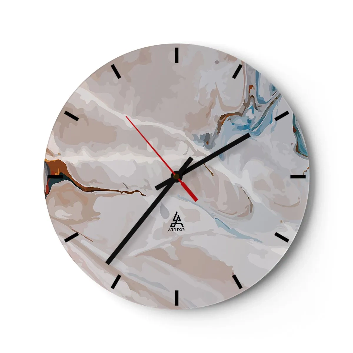 Wanduhr - Glasuhr - Ein abstraktes Muster mit einem Hauch von Blau und Braun auf hellem Hintergrund. - 30x30cm - Blau schlängelt sich unter dem Weiß - Moderne Wanddekoration für Wohnzimmer, Küche und Schlafzimmer ARTTOR