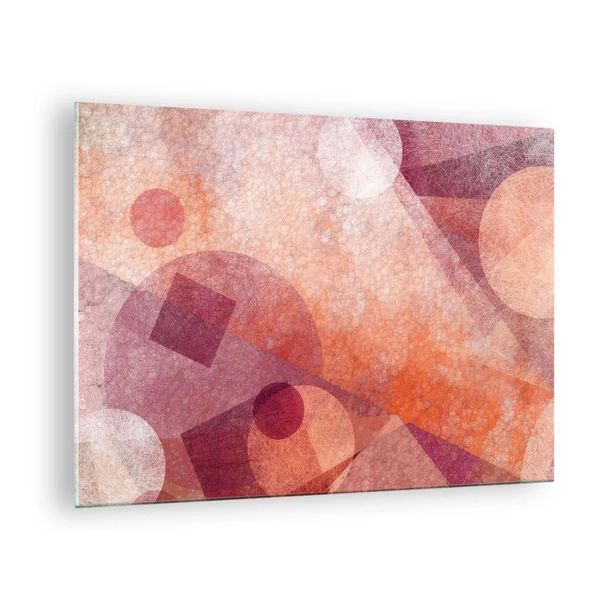 Glasbild - Bild auf glas - Abstrakte geometrische Komposition in Rosa- und Orangetönen - 70x50cm - Geometrische Transformationen in Pink - Moderne Wanddekoration für Wohnzimmer und Schlafzimmer ARTTOR