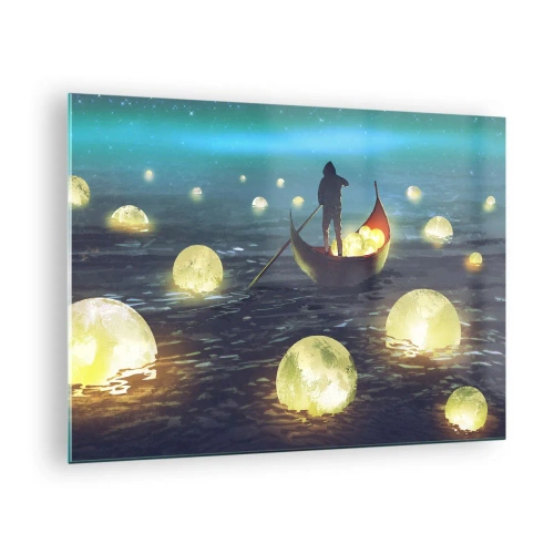 Glasbild - Bild auf glas - Ein Boot mit Laternen auf dem Wasser in einer surrealen Landschaft - 70x50cm - Dinge, von denen Philosophen nie geträumt haben - Moderne Wanddekoration für Wohnzimmer und Schlafzimmer ARTTOR