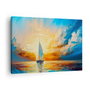 Bild auf Leinwand - Leinwandbild - Ein Segelboot vor der Kulisse der untergehenden Sonne und bunten Wolken - 70x50cm - In Gold segeln - Moderne Wanddekoration für Wohnzimmer und Schlafzimmer ARTTOR