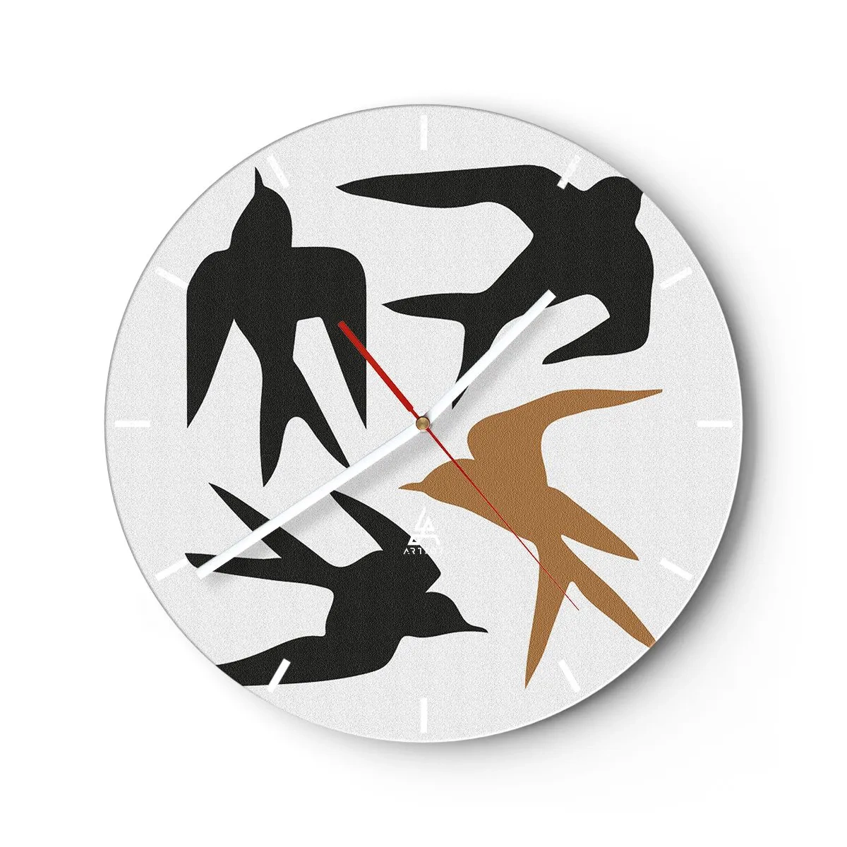 Wanduhr - Glasuhr - Schwarz-goldene Silhouetten von Schwalben auf weißem Hintergrund - 30x30cm - Schwalbenspaß - Moderne Wanddekoration für Wohnzimmer, Küche und Schlafzimmer ARTTOR