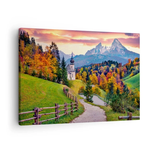 Bild auf Leinwand - Leinwandbild - Herbstliche Berglandschaft mit Kapelle und Sonnenuntergang - 70x50cm - Landschaftsartige Malerei - Moderne Wanddekoration für Wohnzimmer und Schlafzimmer ARTTOR