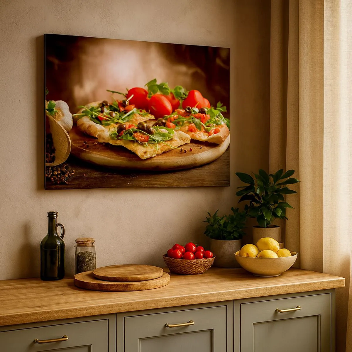 Bild auf Leinwand - Leinwandbild - Pizza mit Gemüse auf einem Holzbrett im rustikalen Stil - 70x50cm - Direkt vom Herd und aus dem Garten - Moderne Wanddekoration für Wohnzimmer und Schlafzimmer ARTTOR