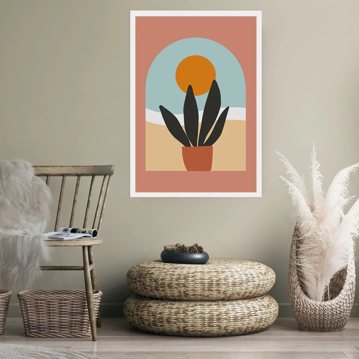 Poster - Eine Topfpflanze vor einem Bogen mit einem Sonnenuntergang im Hintergrund - 50x70cm - Kleine Freuden - Moderne Wanddekoration für Wohnzimmer und Schlafzimmer ARTTOR