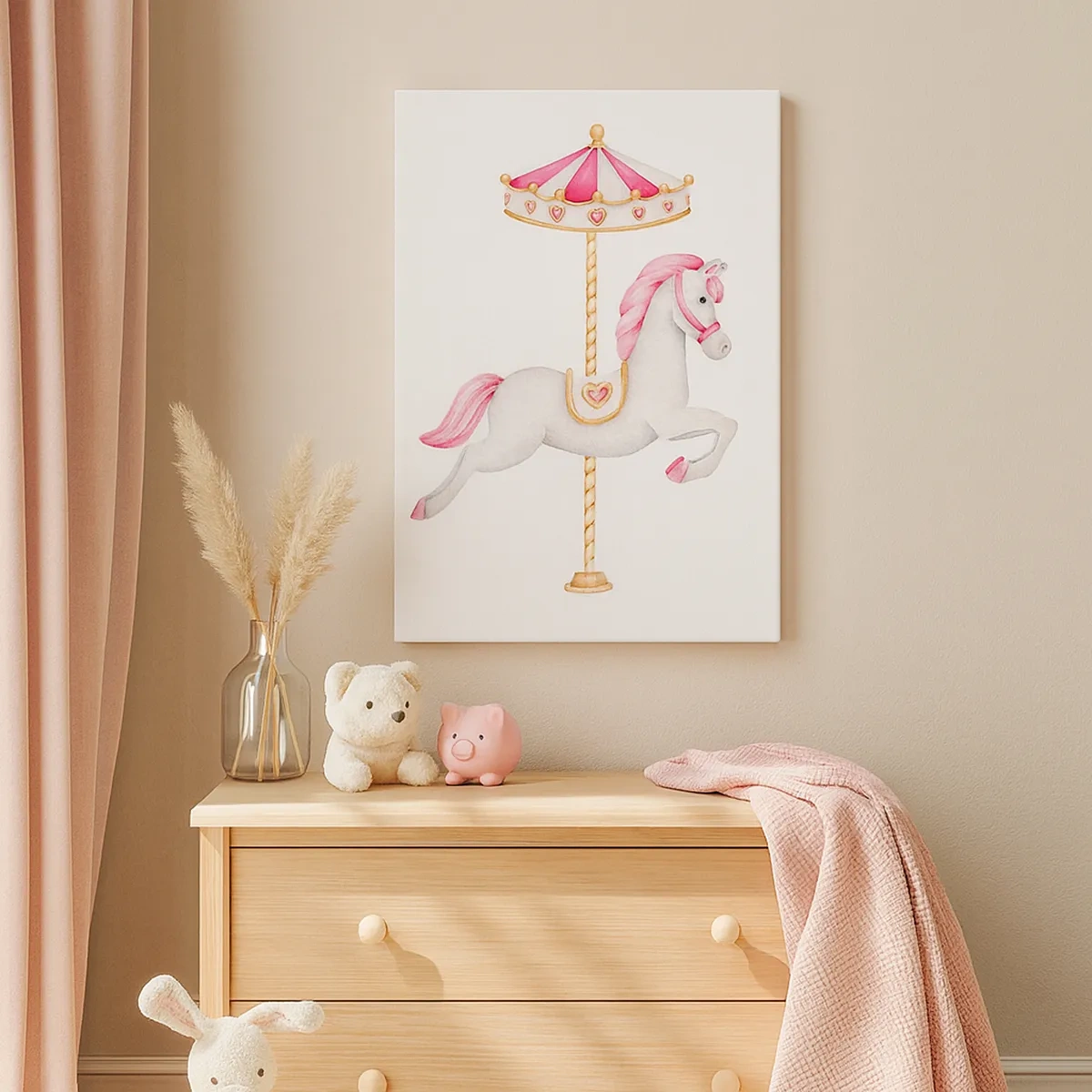 Bild auf Leinwand - Leinwandbild - Ein Karussellpferd in Pastelltönen von Rosa - 50x70cm - Er legte los - Moderne Wanddekoration für Wohnzimmer und Schlafzimmer ARTTOR