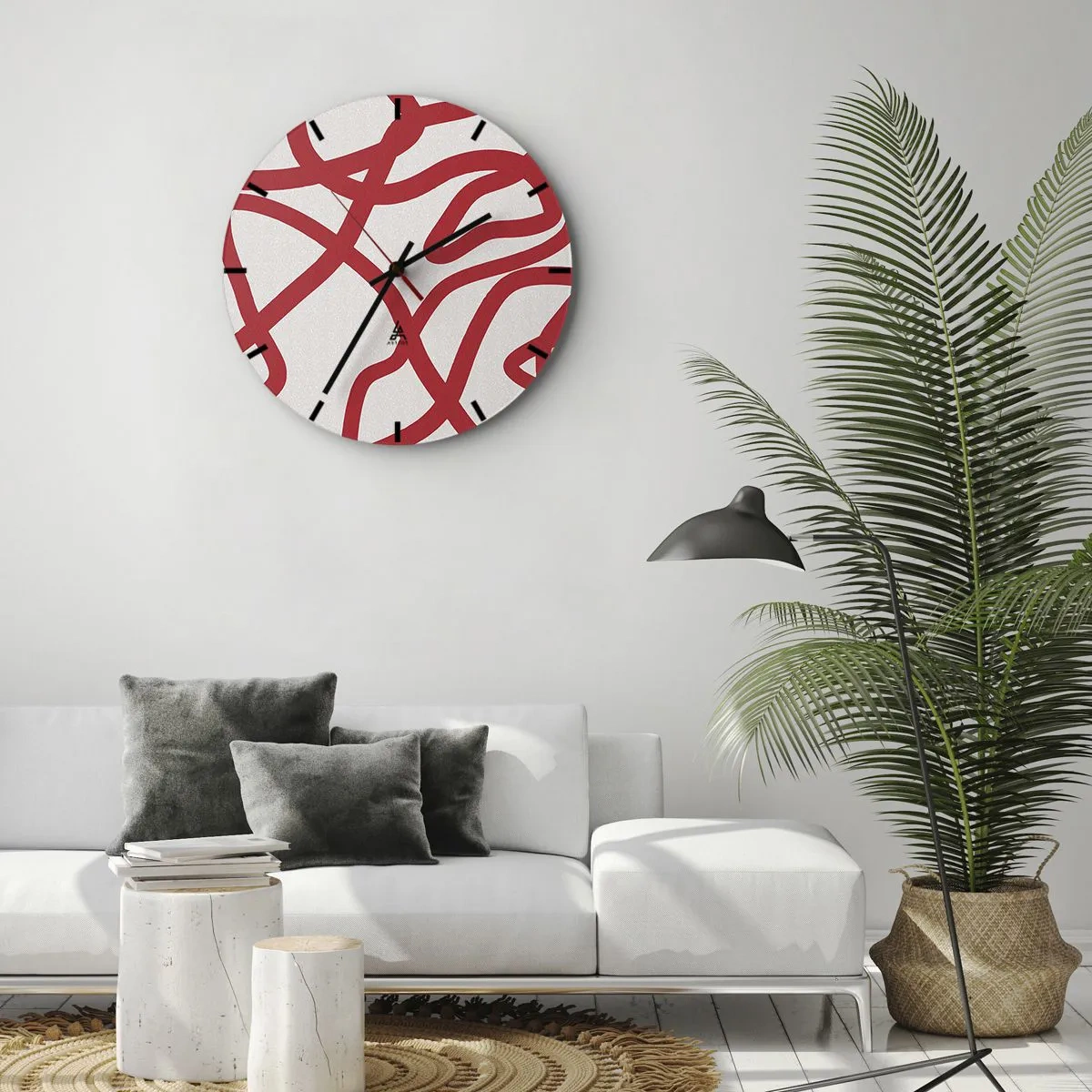 Wanduhr - Glasuhr - Abstrakte rote Linien schlängeln sich in dynamischer Anordnung über einen weißen Hintergrund. - 30x30cm - Rot auf Weiß - Moderne Wanddekoration für Wohnzimmer, Küche und Schlafzimmer ARTTOR