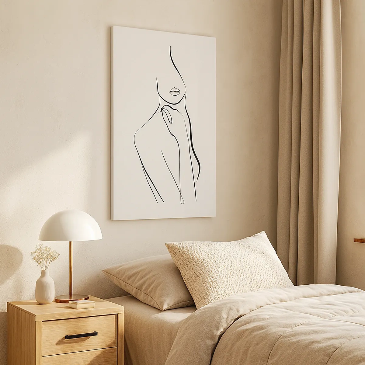 Bild auf Leinwand - Leinwandbild - Eine minimalistische Skizze der Silhouette einer Frau vor hellem Hintergrund. - 50x70cm - Eine Welle der Melancholie - Moderne Wanddekoration für Wohnzimmer und Schlafzimmer ARTTOR