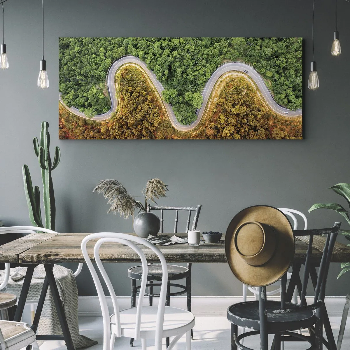 Bild auf Leinwand - Leinwandbild - Eine kurvenreiche Straße durch den Wald aus der Vogelperspektive gesehen - 120x50cm - Grenzen und Durchbrüche - Moderne Wanddekoration für Wohnzimmer und Schlafzimmer ARTTOR