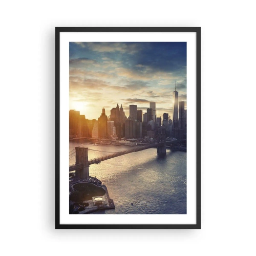 Poster in einem schwarzem Rahmen - Blick auf Manhattan bei Sonnenuntergang mit der Brooklyn Bridge - 50x70cm - Westliches Kulturdenkmal - Moderne Wanddekoration für Wohnzimmer und Schlafzimmer ARTTOR