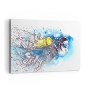 Bild auf Leinwand - Leinwandbild - Unterwasserszene mit einem Taucher und exotischen Fischen - 120x80cm - Tolles Blau - Moderne Wanddekoration für Wohnzimmer und Schlafzimmer ARTTOR