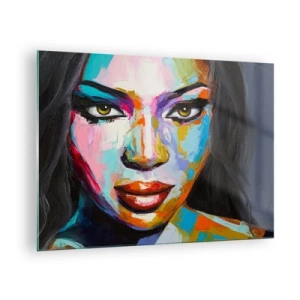 Glasbild - Bild auf glas - Ein farbenfrohes Frauenporträt in einem unverwechselbaren Stil - 70x50cm - Es ist unmöglich die Augen abzuwenden - Moderne Wanddekoration für Wohnzimmer und Schlafzimmer ARTTOR