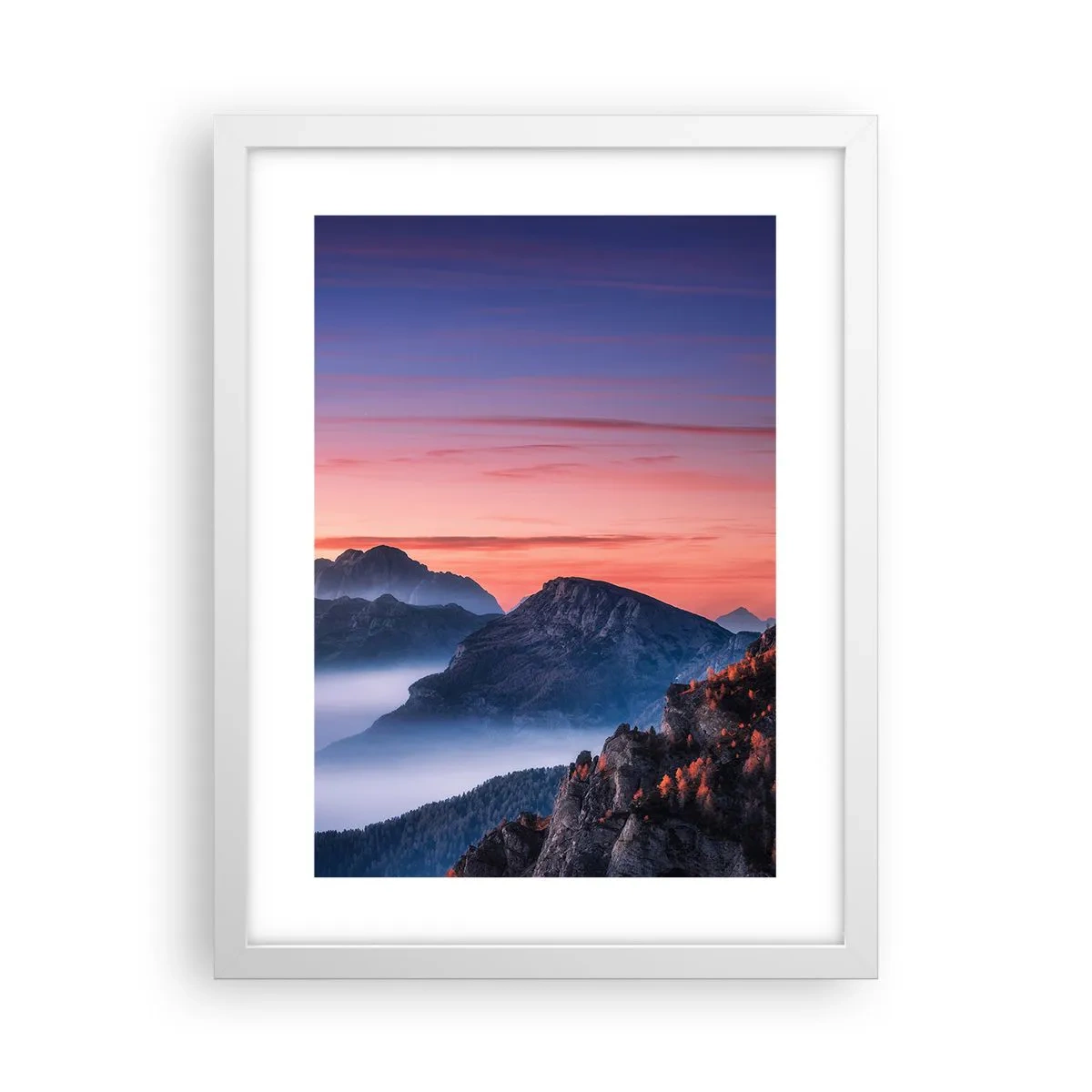 Poster in einem weißen Rahmen - Über die Täler - 30x40 cm