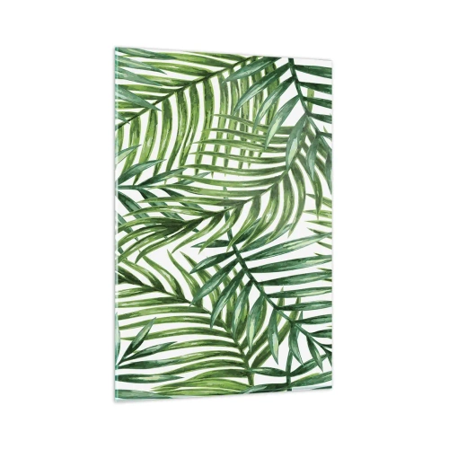 Glasbild - Bild auf glas - Grüne tropische Palmblätter auf hellem Hintergrund - 80x120cm - Unter dem grünen Baldachin - Moderne Wanddekoration für Wohnzimmer und Schlafzimmer ARTTOR