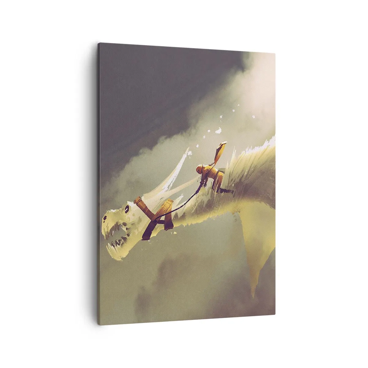 Bild auf Leinwand - Leinwandbild - Illustration eines Drachenreiters in einer Fantasy-Wolkenlandschaft - 50x70cm - Die Welt zur Rettung - Moderne Wanddekoration für Wohnzimmer und Schlafzimmer ARTTOR