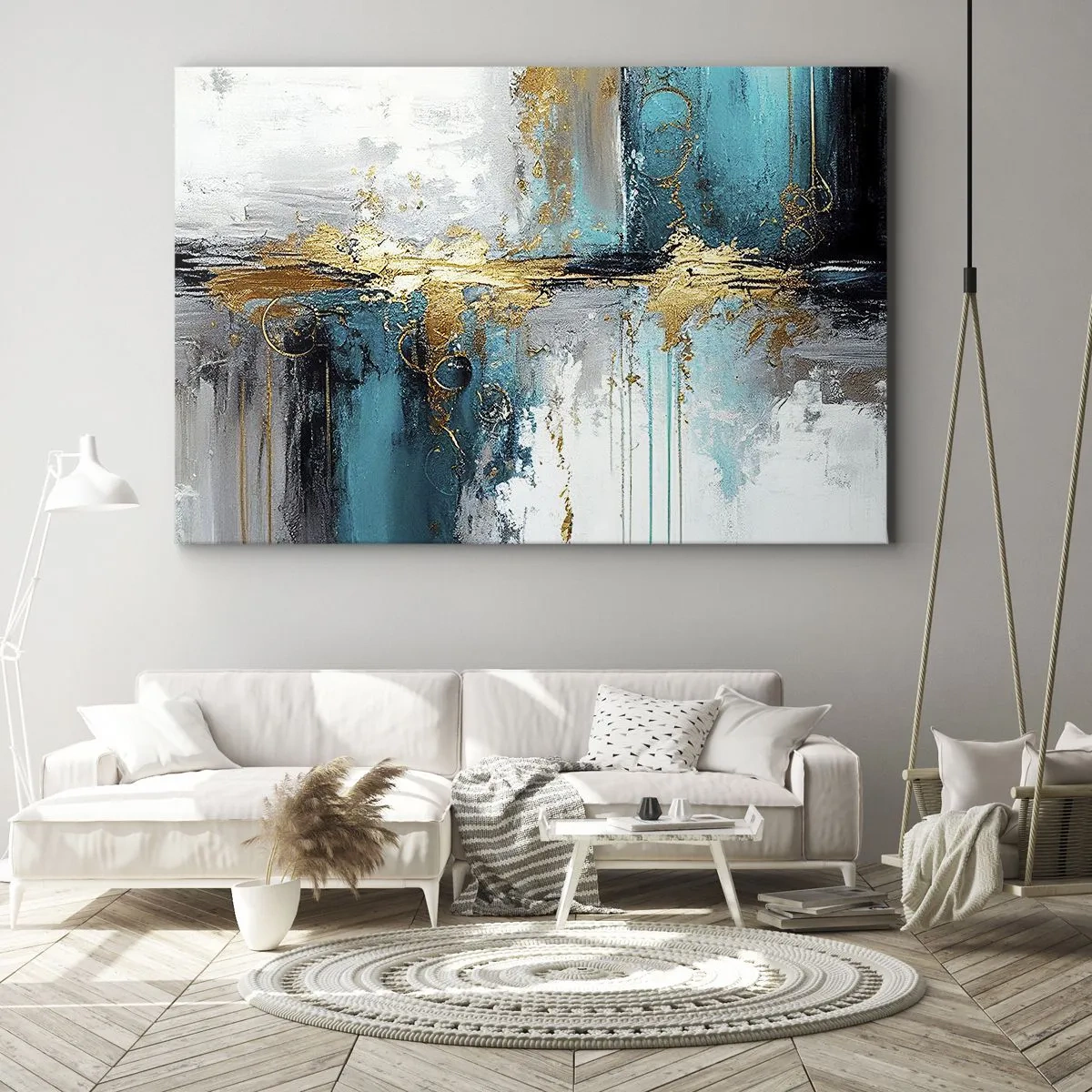Bild auf Leinwand - Leinwandbild - Eine abstrakte Komposition mit türkisfarbenen und goldenen Akzenten. - 70x50cm - Alles fließt - Moderne Wanddekoration für Wohnzimmer und Schlafzimmer ARTTOR