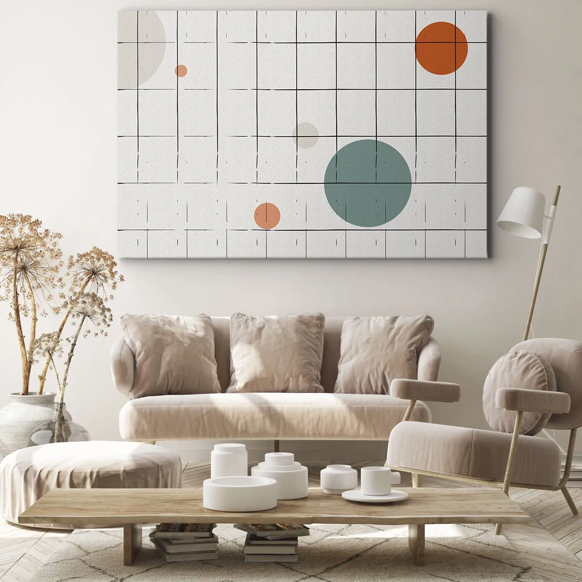 Bild auf Leinwand - Leinwandbild - Abstrakte farbige Kreise auf einem geometrischen Gitterhintergrund - 120x80cm - Gefangen. Wir oder sie? - Moderne Wanddekoration für Wohnzimmer und Schlafzimmer ARTTOR