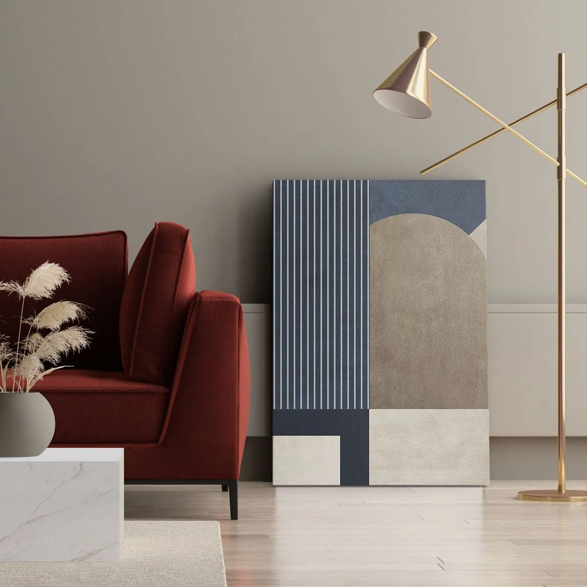 Bild auf Leinwand - Leinwandbild - Geometrische Figuren in Beige- und Marineblautönen mit Linien - 80x120cm - Komposition aus Einfachheit und Rundheit - Moderne Wanddekoration für Wohnzimmer und Schlafzimmer ARTTOR