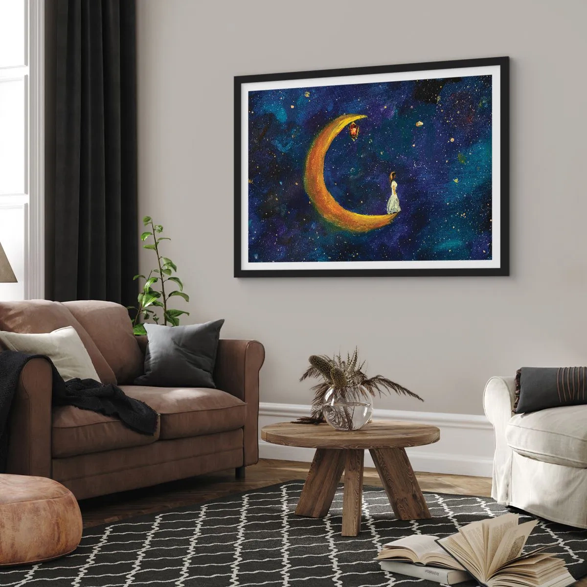 Poster in einem schwarzem Rahmen - Ein Mädchen steht auf dem Mond in einem Sternenhimmel - 100x70cm - Der Ruf der Welt - Moderne Wanddekoration für Wohnzimmer und Schlafzimmer ARTTOR