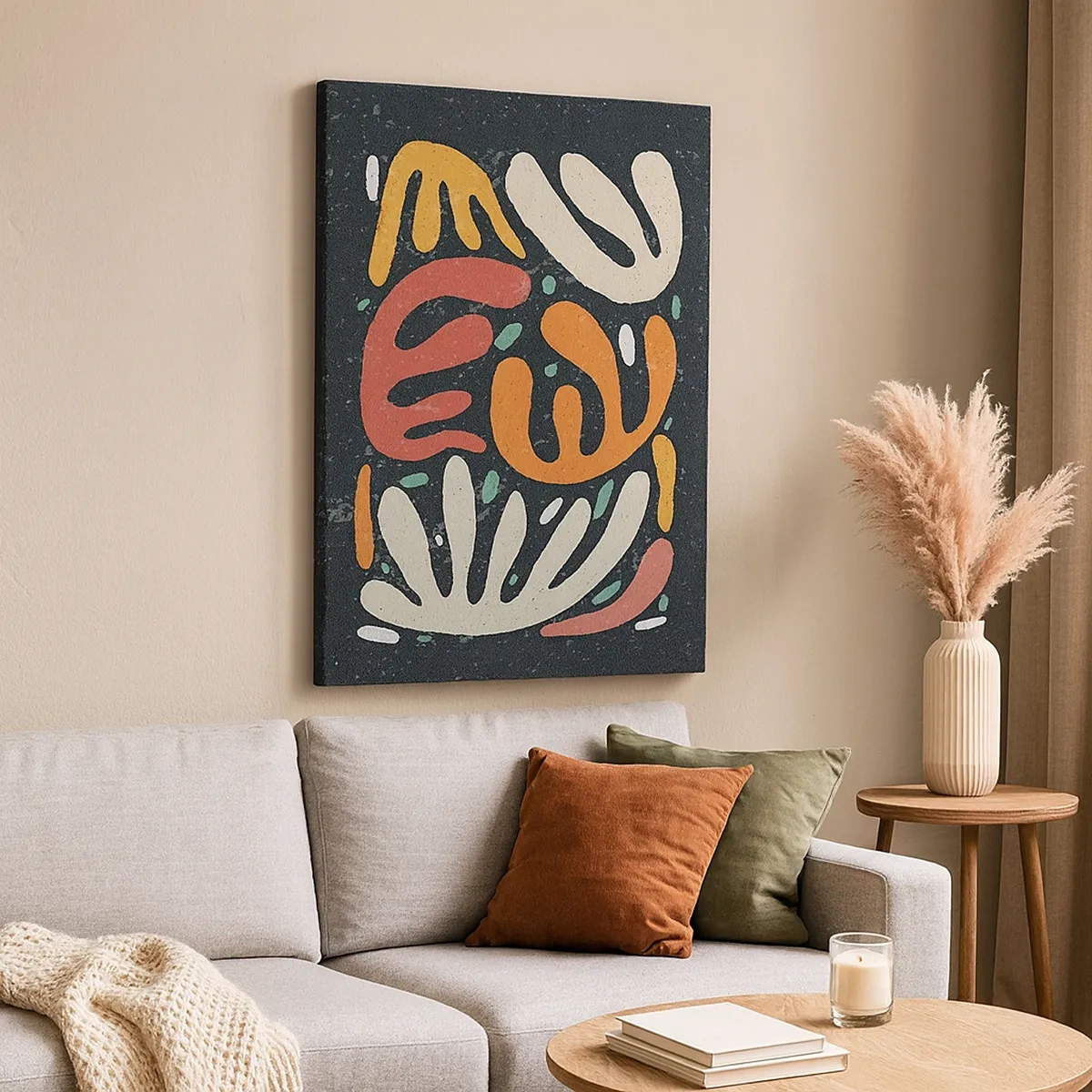 Bild auf Leinwand - Leinwandbild - Abstrakte Formen in warmen Farben auf dunklem Hintergrund - 50x70cm - Komposition – Ich erwische dich gleich - Moderne Wanddekoration für Wohnzimmer und Schlafzimmer ARTTOR