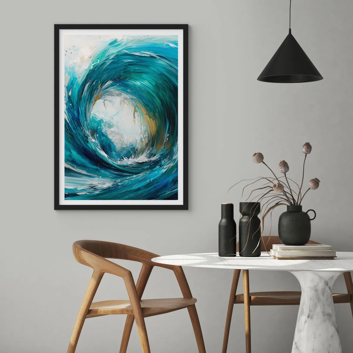 Poster in einem schwarzem Rahmen - Abstrakte Welle in Türkis-, Blau- und Weißtönen - 50x70cm - Meeresportal - Moderne Wanddekoration für Wohnzimmer und Schlafzimmer ARTTOR