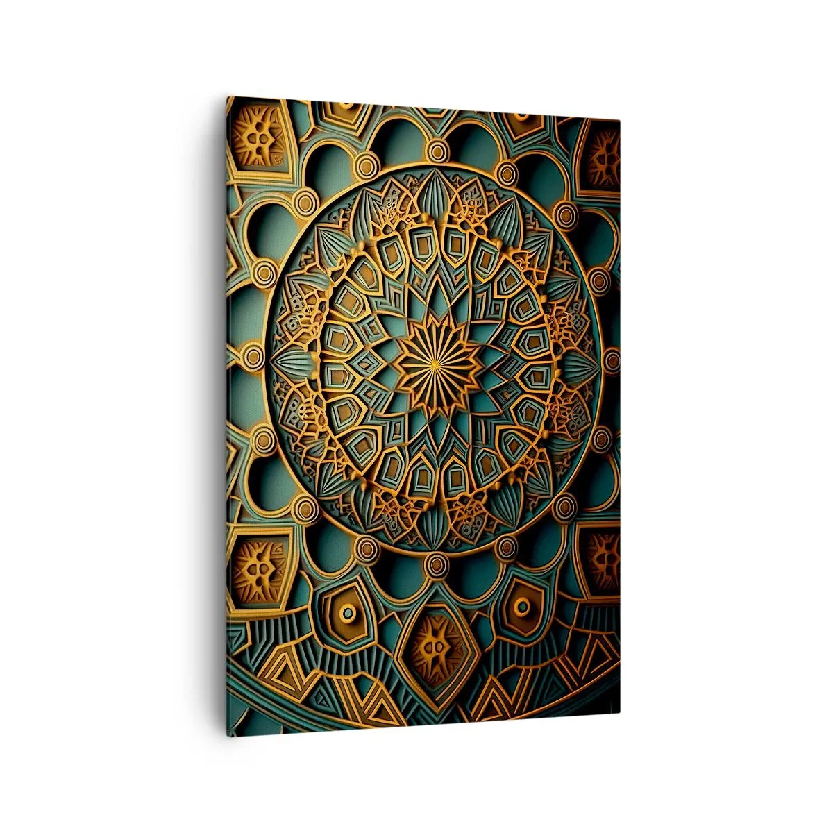 Bild auf Leinwand - Leinwandbild - Ein goldenes Mandala auf türkisfarbenem Hintergrund mit vielen Details. - 70x100cm - In arabischer Atmosphäre - Moderne Wanddekoration für Wohnzimmer und Schlafzimmer ARTTOR