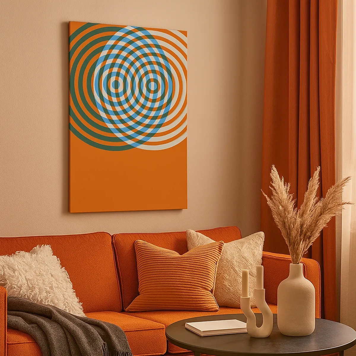 Bild auf Leinwand - Leinwandbild - Konzentrische Kreise auf orangefarbenem Hintergrund - 50x70cm - Abstrakte kreisförmige Variation - Moderne Wanddekoration für Wohnzimmer und Schlafzimmer ARTTOR