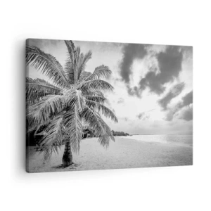 Bild auf Leinwand - Leinwandbild - Schwarz-weiße Palme an einem leeren Strand mit Wolken - 70x50cm - Wenn du dich nach Einsamkeit sehnst ... - Moderne Wanddekoration für Wohnzimmer und Schlafzimmer ARTTOR