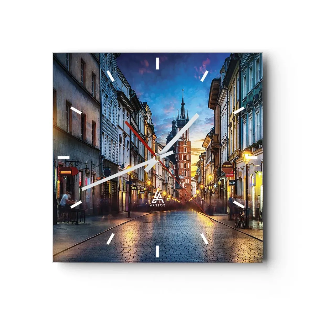 Wanduhr - Glasuhr - Abendliche Straße mit Blick auf die Krakauer Kathedrale - 30x30cm - Krakauer Charme - Moderne Wanddekoration für Wohnzimmer und Schlafzimmer ARTTOR