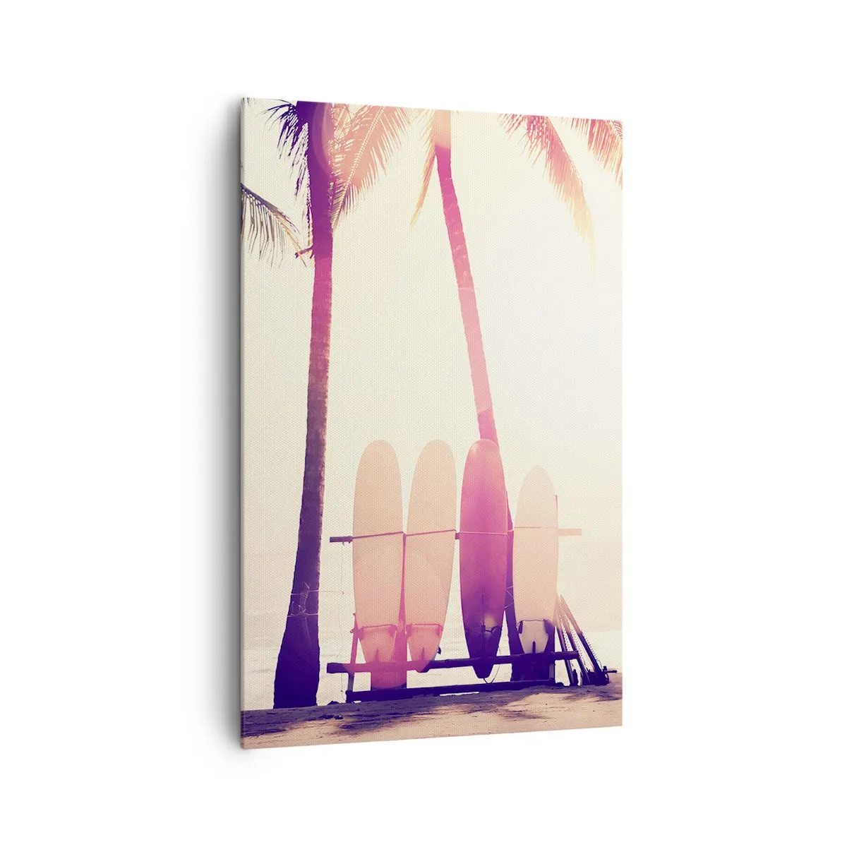 Bild auf Leinwand - Leinwandbild - Palmen und Surfbretter am Strand im Sonnenschein - 80x120cm - Es wird ein toller Tag - Moderne Wanddekoration für Wohnzimmer und Schlafzimmer ARTTOR