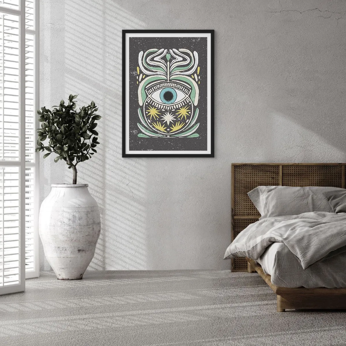 Poster in einem schwarzem Rahmen - Ein symbolisches Auge, umgeben von Pflanzenmustern auf dunklem Hintergrund. - 50x70cm - Stammesrituale - Moderne Wanddekoration für Wohnzimmer und Schlafzimmer ARTTOR