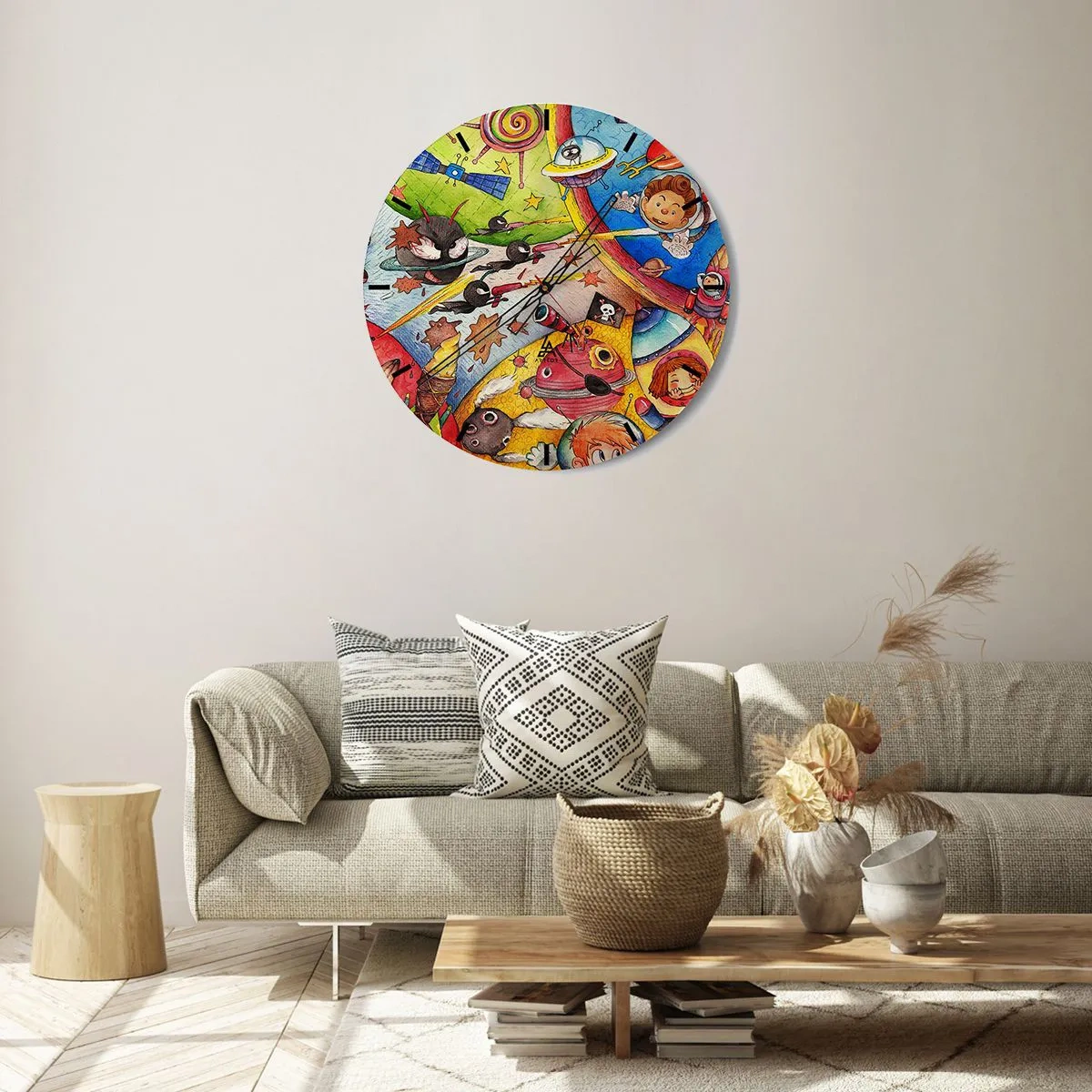 Wanduhr - Glasuhr - Eine farbenfrohe Illustration von Weltraumabenteuern - 30x30cm - Tolles Weltraumabenteuer - Moderne Wanddekoration für Wohnzimmer, Küche und Schlafzimmer ARTTOR