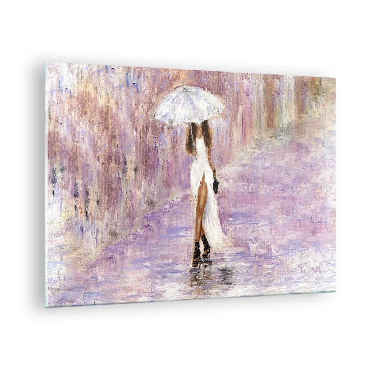 Glasbild - Bild auf glas - Figur einer Frau mit Regenschirm in einer lila Regenszene - 70x50cm - Im lila Regen - Moderne Wanddekoration für Wohnzimmer und Schlafzimmer ARTTOR