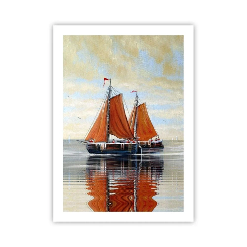 Poster - Segelboote auf ruhigem Wasser mit roten Segeln - 50x70cm - Hey, Segel, Matrose ... - Moderne Wanddekoration für Wohnzimmer und Schlafzimmer ARTTOR